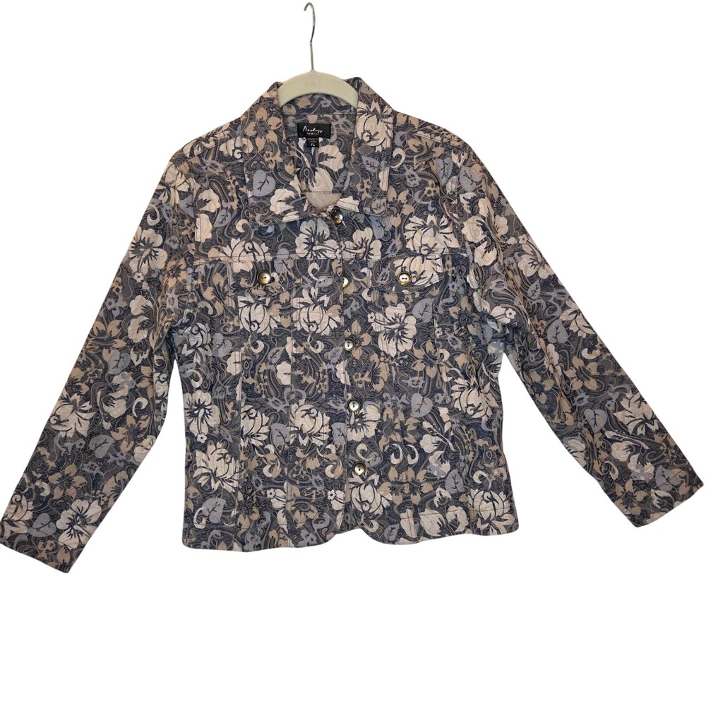 Analogy Petite Blue Beige Floral Paisley Jacquard Button Front Jacket Size PL
